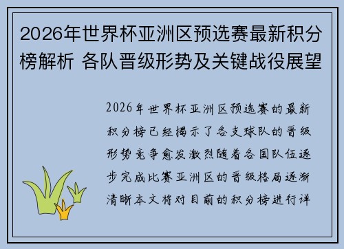 2026年世界杯亚洲区预选赛最新积分榜解析 各队晋级形势及关键战役展望 2026年世界杯亚洲区预选赛最新积分榜解析 各队晋级形势及关键战役展望
