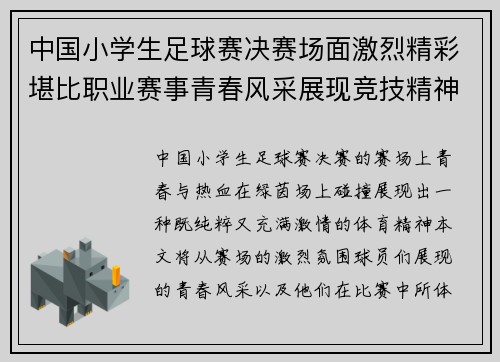 中国小学生足球赛决赛场面激烈精彩堪比职业赛事青春风采展现竞技精神 中国小学生足球赛决赛场面激烈精彩堪比职业赛事青春风采展现竞技精神
