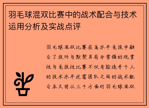 羽毛球混双比赛中的战术配合与技术运用分析及实战点评 羽毛球混双比赛中的战术配合与技术运用分析及实战点评