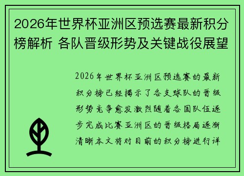 2026年世界杯亚洲区预选赛最新积分榜解析 各队晋级形势及关键战役展望 2026年世界杯亚洲区预选赛最新积分榜解析 各队晋级形势及关键战役展望