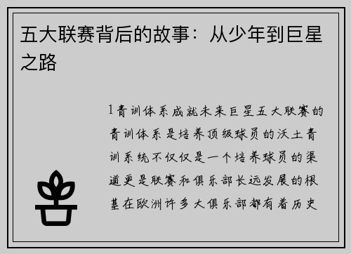 五大联赛背后的故事：从少年到巨星之路