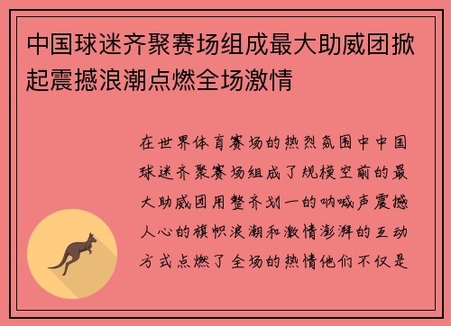中国球迷齐聚赛场组成最大助威团掀起震撼浪潮点燃全场激情